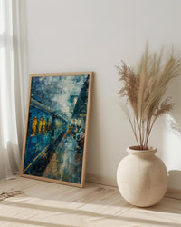 Indian Blue Train Oil Painting Poster, Vintage Railway Art Print, Nostalgic India Travel Wall Art, Cinematic Journey, Impasto Style Print