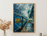 Indian Blue Train Oil Painting Poster, Vintage Railway Art Print, Nostalgic India Travel Wall Art, Cinematic Journey, Impasto Style Print