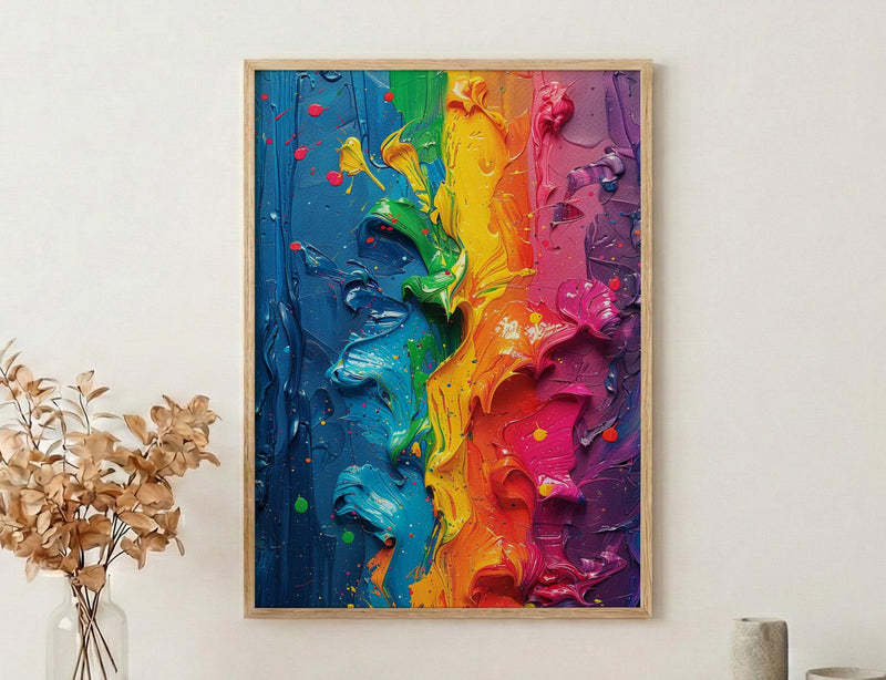 Abstract Colorful Oil Painting Poster, Holi Festival Spirit Art Print, Vibrant Rainbow Wall Art, Modern Impasto Texture, Indian Colors Decor