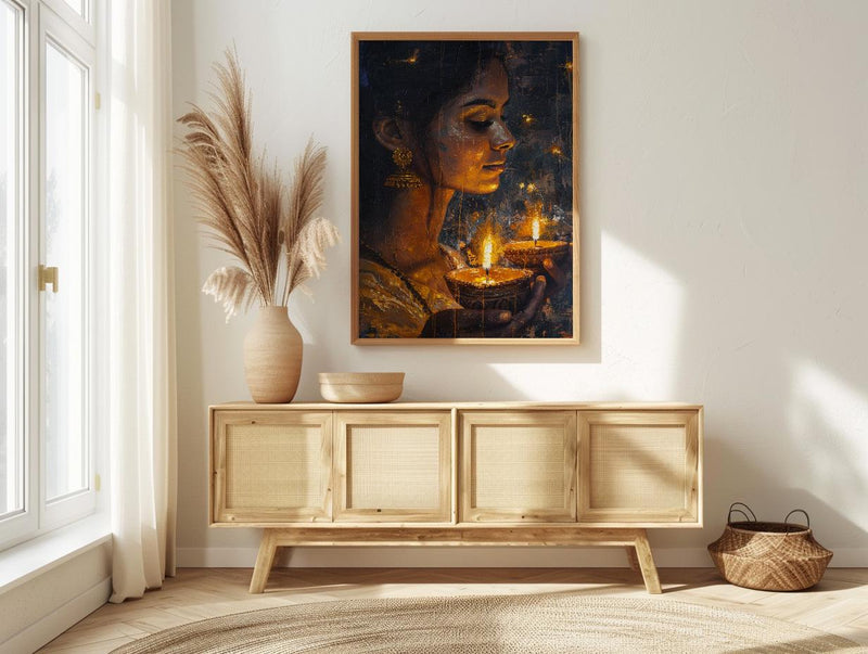 Diwali Celebration Oil Painting Poster, Woman Holding Diya Art Print, Spiritual Light Festival Wall Art, Golden Glow Decor, Impasto Art