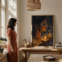 Diwali Celebration Oil Painting Poster, Woman Holding Diya Art Print, Spiritual Light Festival Wall Art, Golden Glow Decor, Impasto Art