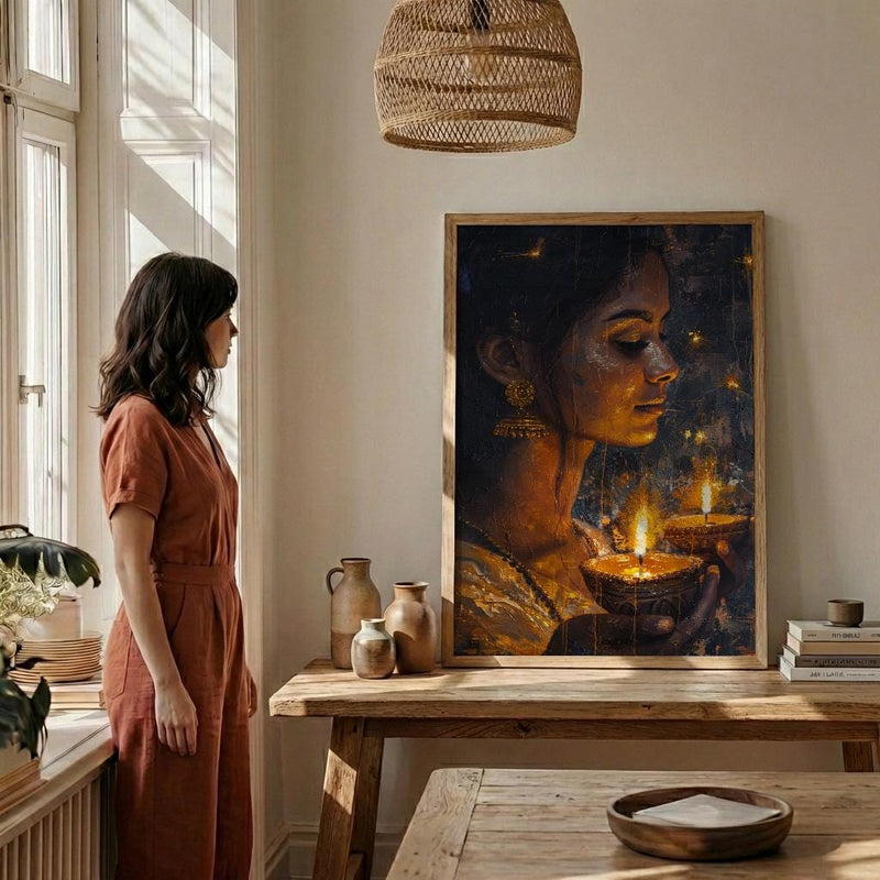 Diwali Celebration Oil Painting Poster, Woman Holding Diya Art Print, Spiritual Light Festival Wall Art, Golden Glow Decor, Impasto Art