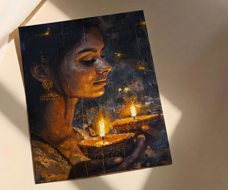 Diwali Celebration Oil Painting Poster, Woman Holding Diya Art Print, Spiritual Light Festival Wall Art, Golden Glow Decor, Impasto Art