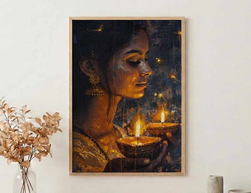 Diwali Celebration Oil Painting Poster, Woman Holding Diya Art Print, Spiritual Light Festival Wall Art, Golden Glow Decor, Impasto Art