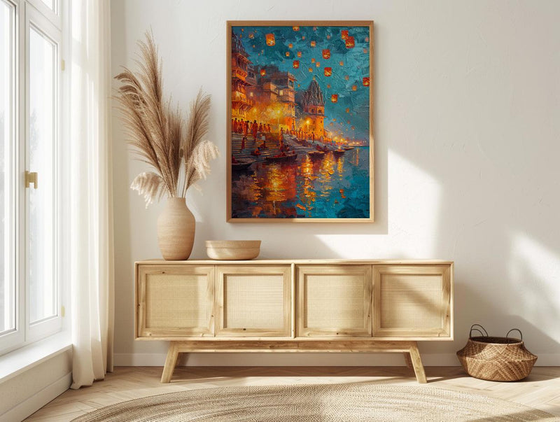 Varanasi Lantern Festival Oil Painting Poster, Ganges River Night Art Print, Indian Spiritual Wall Art, Floating Lanterns, Impasto Art