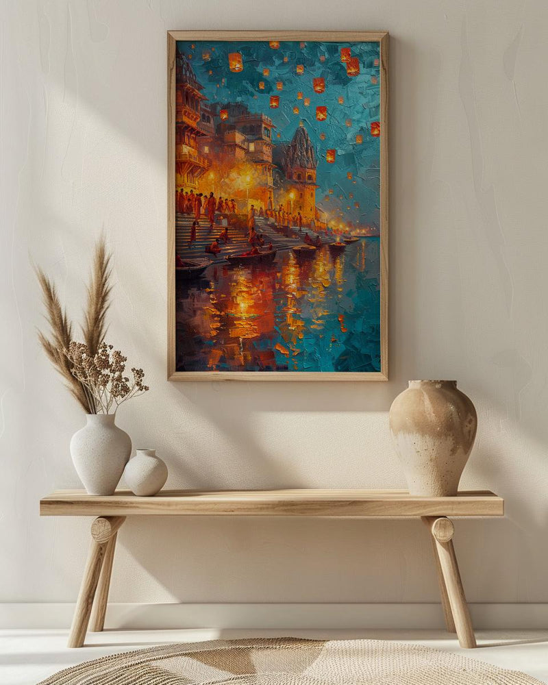 Varanasi Lantern Festival Oil Painting Poster, Ganges River Night Art Print, Indian Spiritual Wall Art, Floating Lanterns, Impasto Art