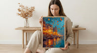 Varanasi Lantern Festival Oil Painting Poster, Ganges River Night Art Print, Indian Spiritual Wall Art, Floating Lanterns, Impasto Art