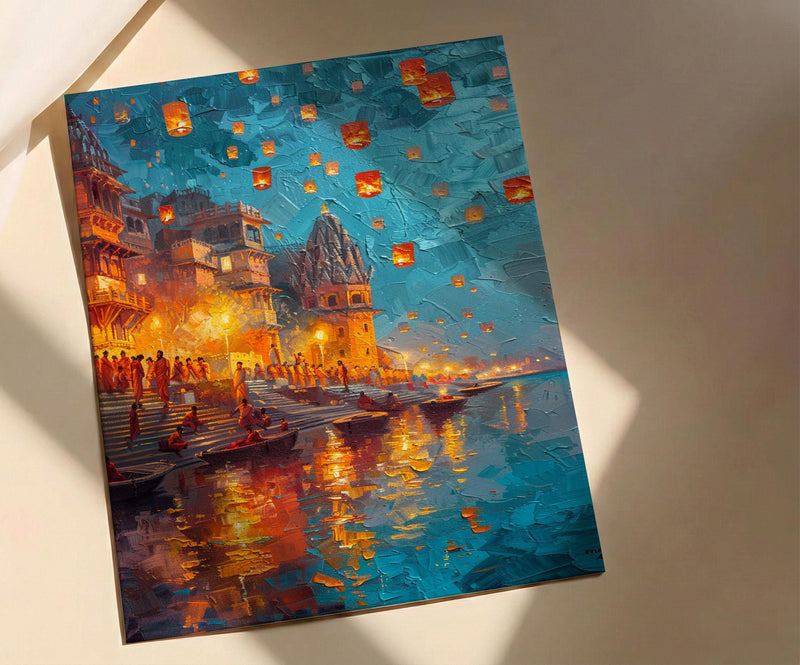 Varanasi Lantern Festival Oil Painting Poster, Ganges River Night Art Print, Indian Spiritual Wall Art, Floating Lanterns, Impasto Art