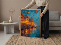 Varanasi Lantern Festival Oil Painting Poster, Ganges River Night Art Print, Indian Spiritual Wall Art, Floating Lanterns, Impasto Art