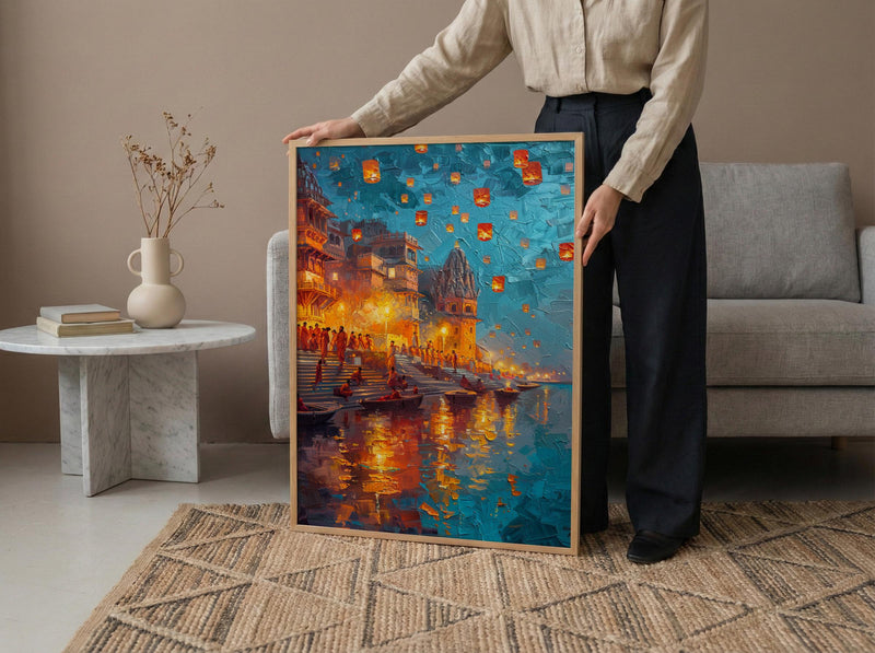 Varanasi Lantern Festival Oil Painting Poster, Ganges River Night Art Print, Indian Spiritual Wall Art, Floating Lanterns, Impasto Art