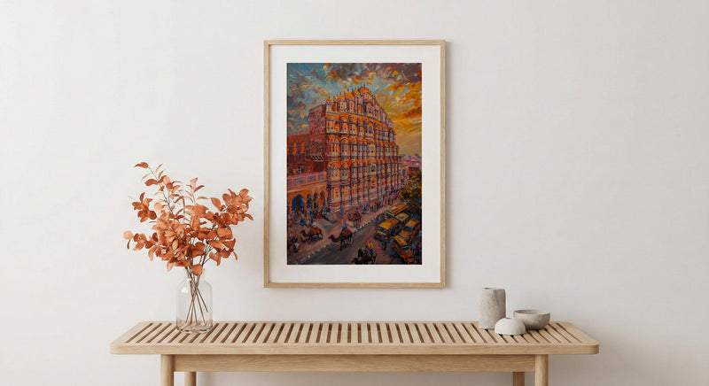 Jaipur Hawa Mahal Oil Painting Poster, Pink City India Art Print, Palace of Winds Wall Art, Rajasthan Travel Decor, Impasto Architecture