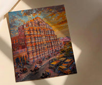 Jaipur Hawa Mahal Oil Painting Poster, Pink City India Art Print, Palace of Winds Wall Art, Rajasthan Travel Decor, Impasto Architecture