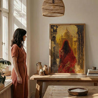 Indian Woman in Red Sari Oil Painting Poster, Golden Temple Art Print, Mystical India Wall Art, Luxury Cultural Decor, Impasto Style Print