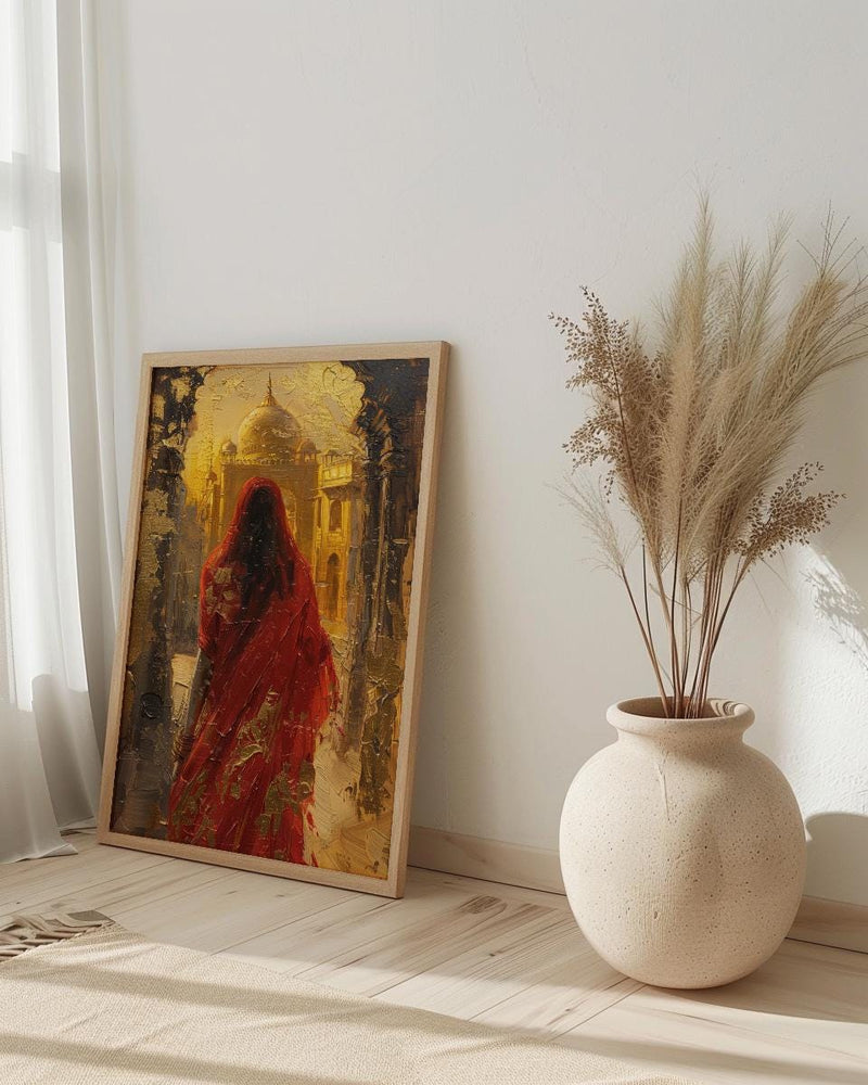 Indian Woman in Red Sari Oil Painting Poster, Golden Temple Art Print, Mystical India Wall Art, Luxury Cultural Decor, Impasto Style Print