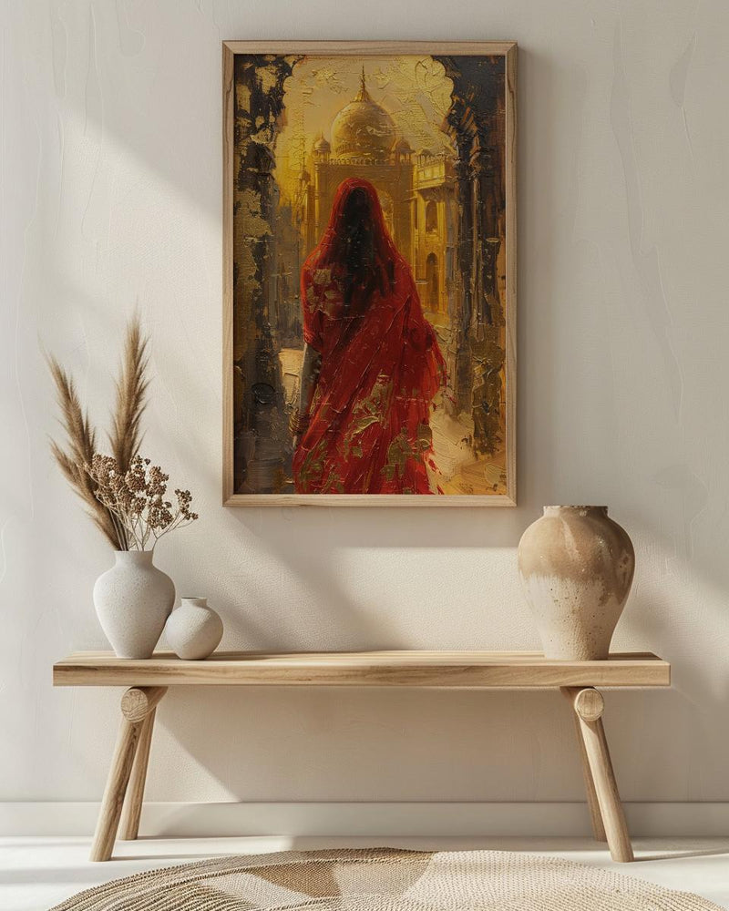 Indian Woman in Red Sari Oil Painting Poster, Golden Temple Art Print, Mystical India Wall Art, Luxury Cultural Decor, Impasto Style Print