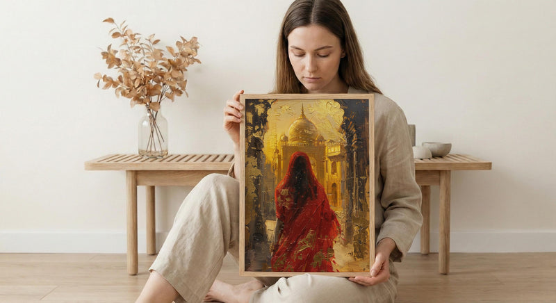 Indian Woman in Red Sari Oil Painting Poster, Golden Temple Art Print, Mystical India Wall Art, Luxury Cultural Decor, Impasto Style Print