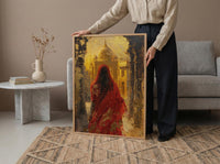 Indian Woman in Red Sari Oil Painting Poster, Golden Temple Art Print, Mystical India Wall Art, Luxury Cultural Decor, Impasto Style Print