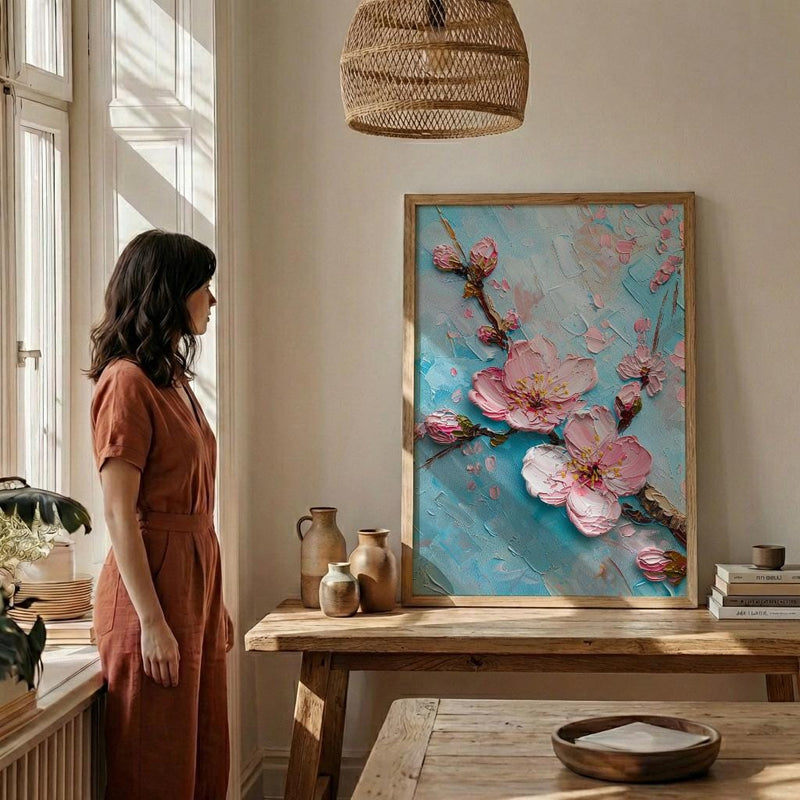 Japanese Cherry Blossom Oil Painting Poster, Sakura Branch Art Print, Pink Floral Wall Art, Zen Nature Decor, Impasto Style Flower Print