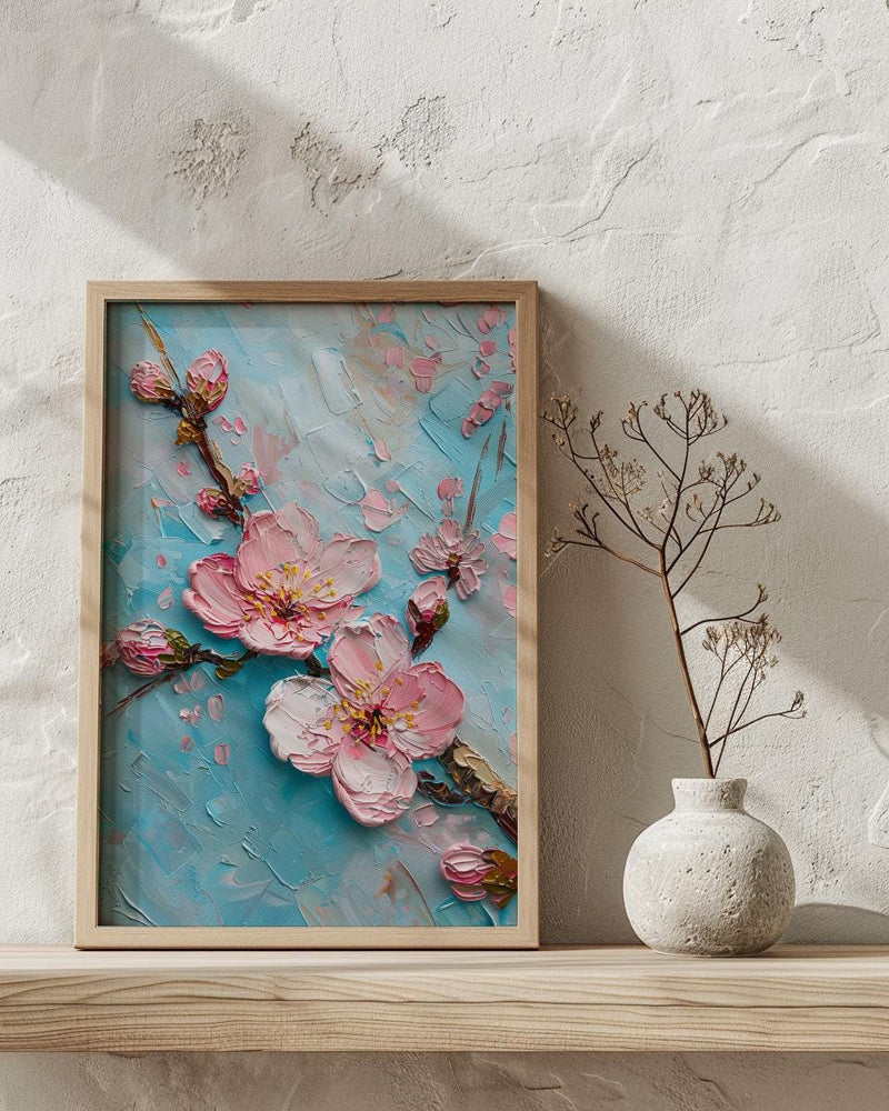 Japanese Cherry Blossom Oil Painting Poster, Sakura Branch Art Print, Pink Floral Wall Art, Zen Nature Decor, Impasto Style Flower Print