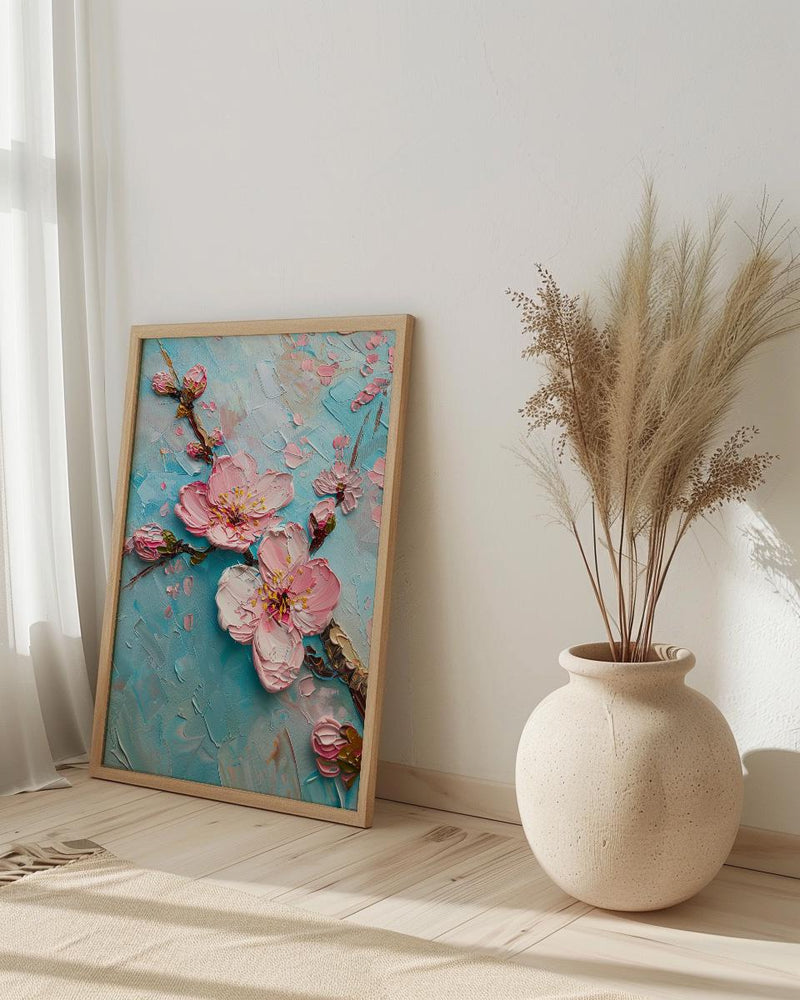 Japanese Cherry Blossom Oil Painting Poster, Sakura Branch Art Print, Pink Floral Wall Art, Zen Nature Decor, Impasto Style Flower Print