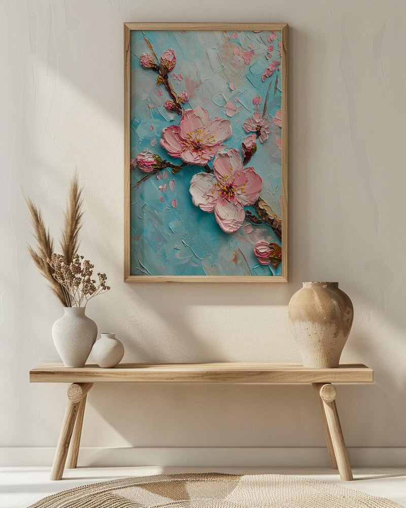 Japanese Cherry Blossom Oil Painting Poster, Sakura Branch Art Print, Pink Floral Wall Art, Zen Nature Decor, Impasto Style Flower Print