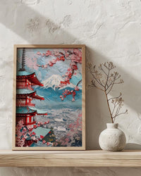 Japanese Chureito Pagoda Oil Painting Poster, Mount Fuji Sunset Art Print, Sakura & Pagoda Wall Art, Japan Travel Decor, Impasto Landscape