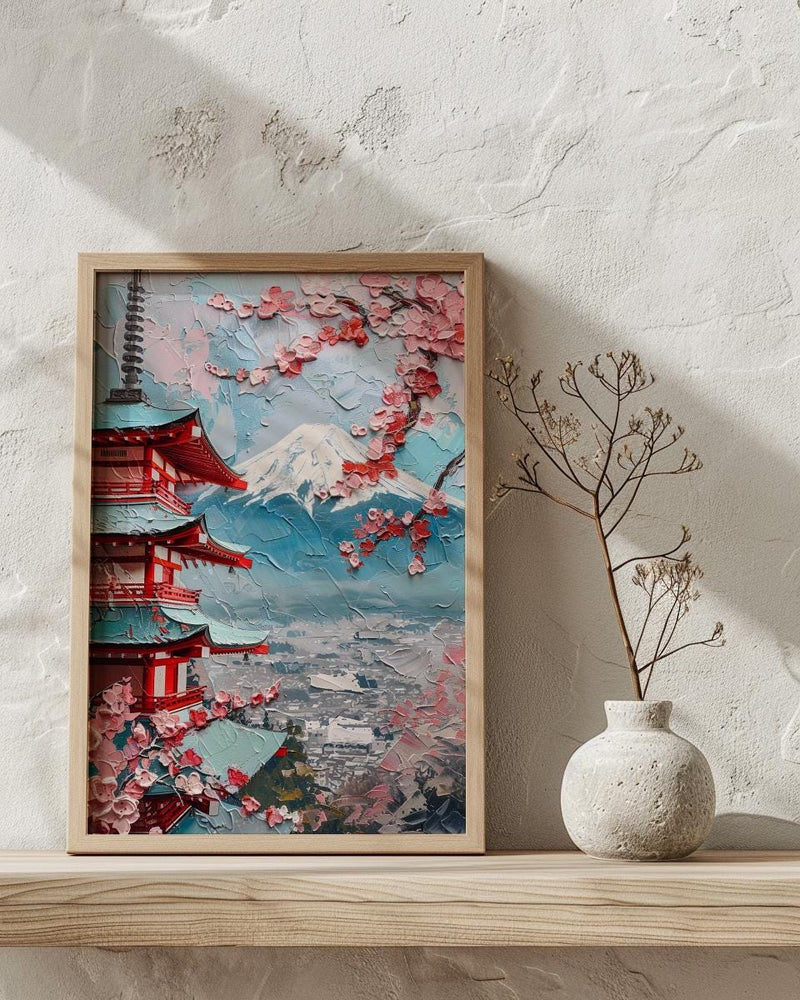 Japanese Chureito Pagoda Oil Painting Poster, Mount Fuji Sunset Art Print, Sakura & Pagoda Wall Art, Japan Travel Decor, Impasto Landscape