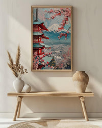 Japanese Chureito Pagoda Oil Painting Poster, Mount Fuji Sunset Art Print, Sakura & Pagoda Wall Art, Japan Travel Decor, Impasto Landscape