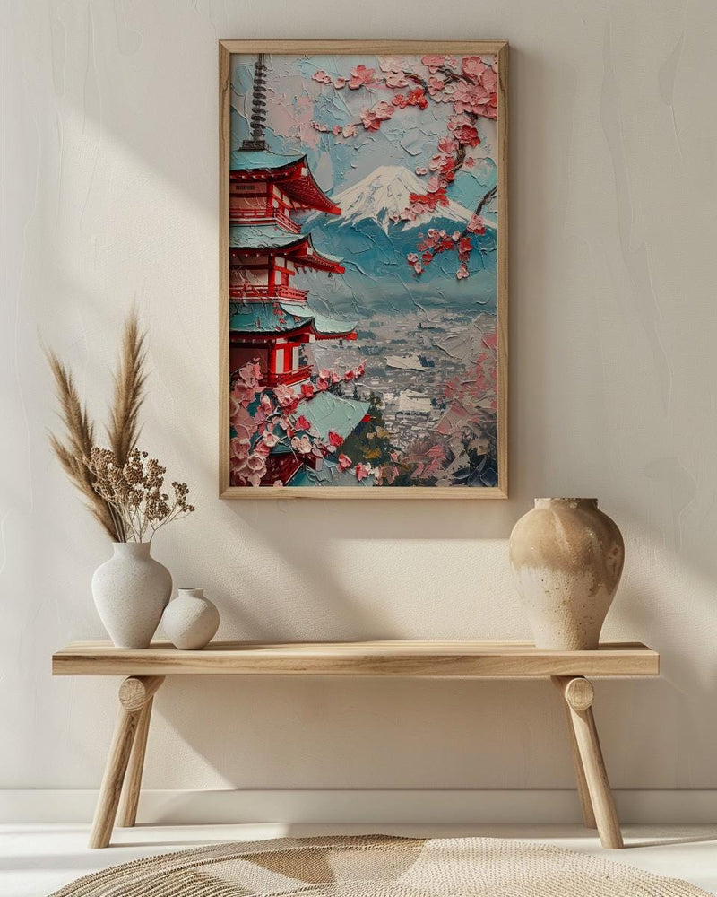 Japanese Chureito Pagoda Oil Painting Poster, Mount Fuji Sunset Art Print, Sakura & Pagoda Wall Art, Japan Travel Decor, Impasto Landscape