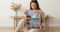 Japanese Chureito Pagoda Oil Painting Poster, Mount Fuji Sunset Art Print, Sakura & Pagoda Wall Art, Japan Travel Decor, Impasto Landscape