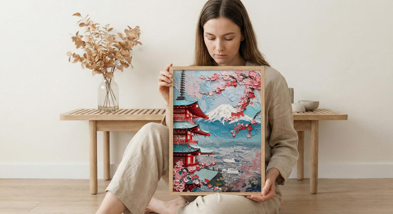 Japanese Chureito Pagoda Oil Painting Poster, Mount Fuji Sunset Art Print, Sakura & Pagoda Wall Art, Japan Travel Decor, Impasto Landscape