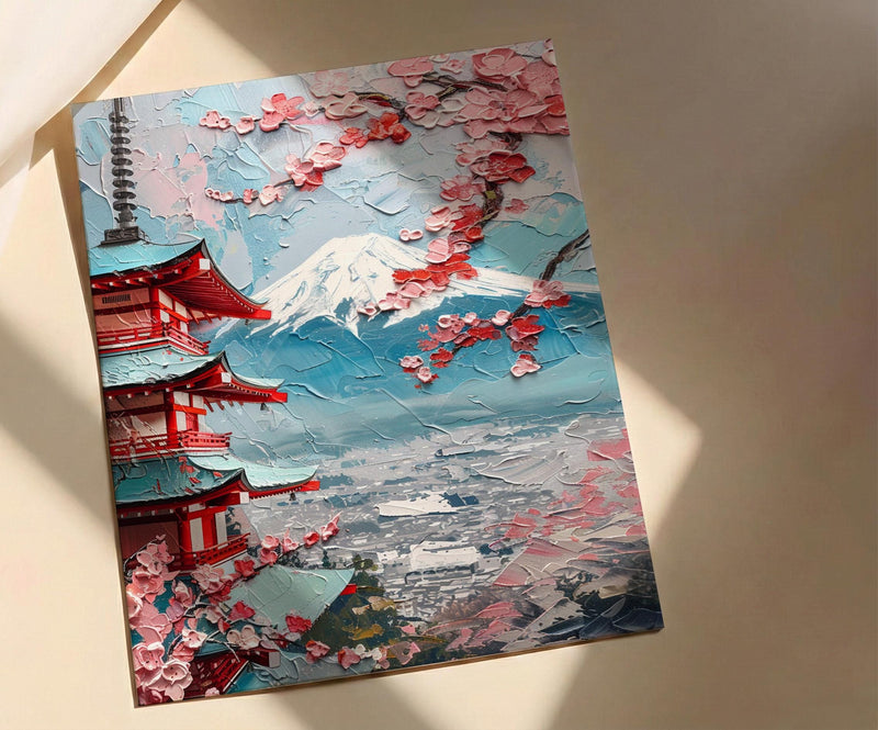 Japanese Chureito Pagoda Oil Painting Poster, Mount Fuji Sunset Art Print, Sakura & Pagoda Wall Art, Japan Travel Decor, Impasto Landscape