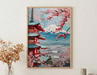 Japanese Chureito Pagoda Oil Painting Poster, Mount Fuji Sunset Art Print, Sakura & Pagoda Wall Art, Japan Travel Decor, Impasto Landscape