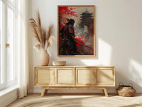 Japanese Samurai Oil Painting Poster, Bushido Warrior Art Print, Red Maple Leaves Wall Art, Katana Sword Decor, Impasto Asian Masterpiece