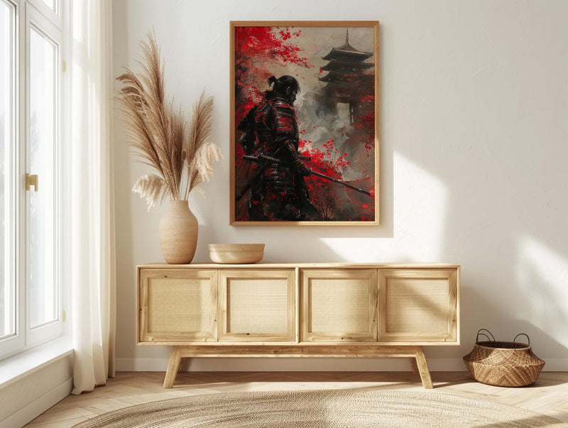 Japanese Samurai Oil Painting Poster, Bushido Warrior Art Print, Red Maple Leaves Wall Art, Katana Sword Decor, Impasto Asian Masterpiece