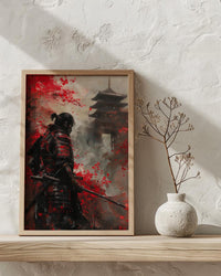 Japanese Samurai Oil Painting Poster, Bushido Warrior Art Print, Red Maple Leaves Wall Art, Katana Sword Decor, Impasto Asian Masterpiece