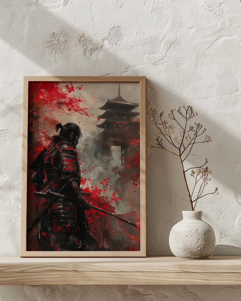 Japanese Samurai Oil Painting Poster, Bushido Warrior Art Print, Red Maple Leaves Wall Art, Katana Sword Decor, Impasto Asian Masterpiece