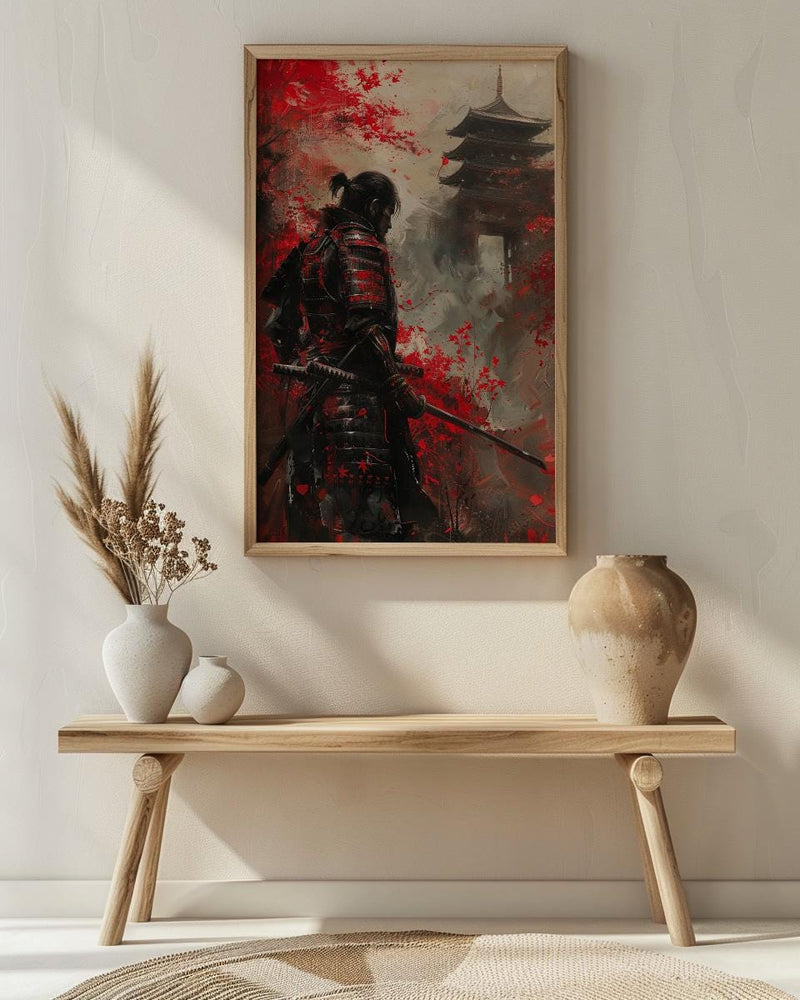 Japanese Samurai Oil Painting Poster, Bushido Warrior Art Print, Red Maple Leaves Wall Art, Katana Sword Decor, Impasto Asian Masterpiece
