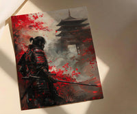 Japanese Samurai Oil Painting Poster, Bushido Warrior Art Print, Red Maple Leaves Wall Art, Katana Sword Decor, Impasto Asian Masterpiece