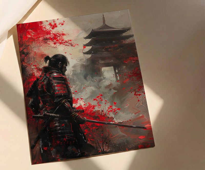 Japanese Samurai Oil Painting Poster, Bushido Warrior Art Print, Red Maple Leaves Wall Art, Katana Sword Decor, Impasto Asian Masterpiece