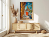 Thai Buddhist Monk Oil Painting Poster, Golden Temple Bangkok Art Print, Spiritual Asia Wall Art, Meditation Decor, Impasto Architecture