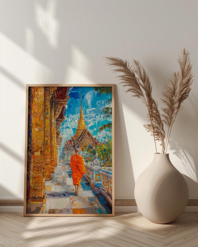 Thai Buddhist Monk Oil Painting Poster, Golden Temple Bangkok Art Print, Spiritual Asia Wall Art, Meditation Decor, Impasto Architecture