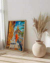Thai Buddhist Monk Oil Painting Poster, Golden Temple Bangkok Art Print, Spiritual Asia Wall Art, Meditation Decor, Impasto Architecture