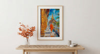 Thai Buddhist Monk Oil Painting Poster, Golden Temple Bangkok Art Print, Spiritual Asia Wall Art, Meditation Decor, Impasto Architecture