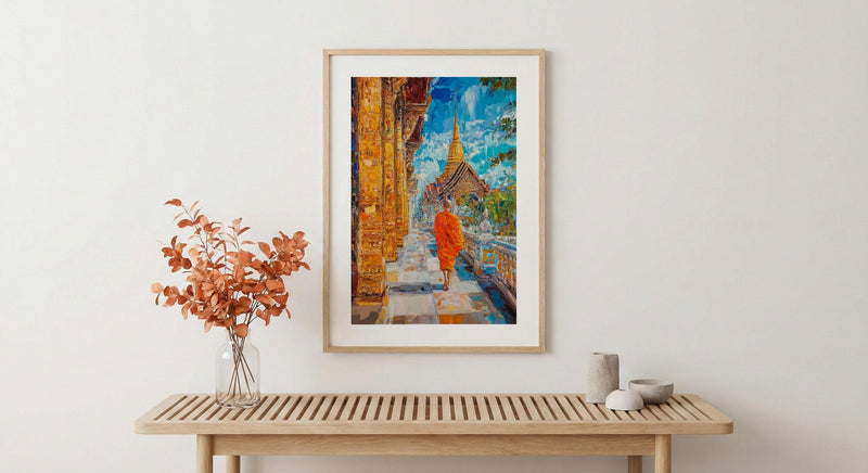 Thai Buddhist Monk Oil Painting Poster, Golden Temple Bangkok Art Print, Spiritual Asia Wall Art, Meditation Decor, Impasto Architecture