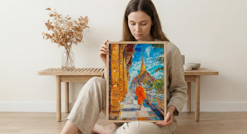 Thai Buddhist Monk Oil Painting Poster, Golden Temple Bangkok Art Print, Spiritual Asia Wall Art, Meditation Decor, Impasto Architecture