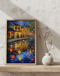 Vietnam Hoi An Oil Painting Poster, Colorful Lanterns Night Art Print, Ancient Town River Scene, Asian Travel Decor, Impasto Style Wall Art
