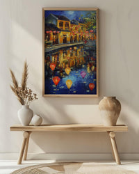 Vietnam Hoi An Oil Painting Poster, Colorful Lanterns Night Art Print, Ancient Town River Scene, Asian Travel Decor, Impasto Style Wall Art