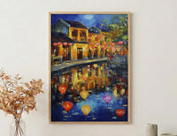Vietnam Hoi An Oil Painting Poster, Colorful Lanterns Night Art Print, Ancient Town River Scene, Asian Travel Decor, Impasto Style Wall Art