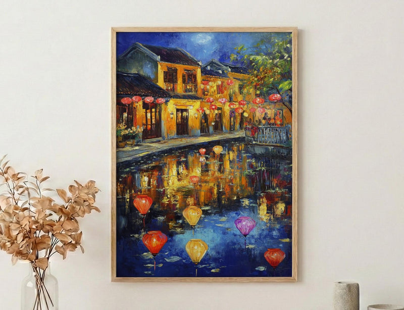 Vietnam Hoi An Oil Painting Poster, Colorful Lanterns Night Art Print, Ancient Town River Scene, Asian Travel Decor, Impasto Style Wall Art